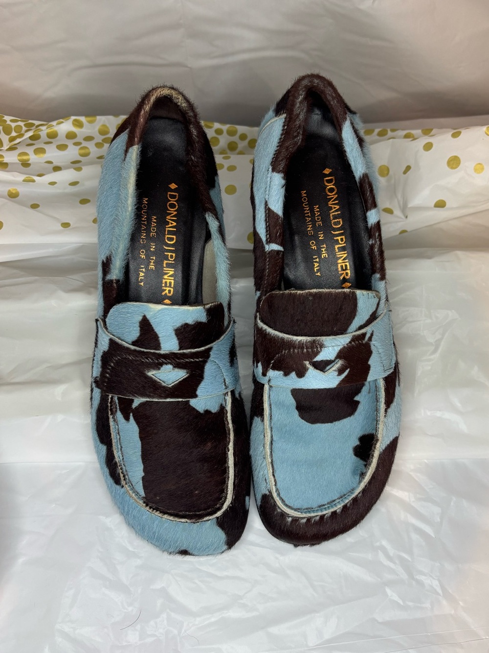 Donald J Pliner Vintage Calf Hair Cow Print Penny Loafers Blue Brown Size 7